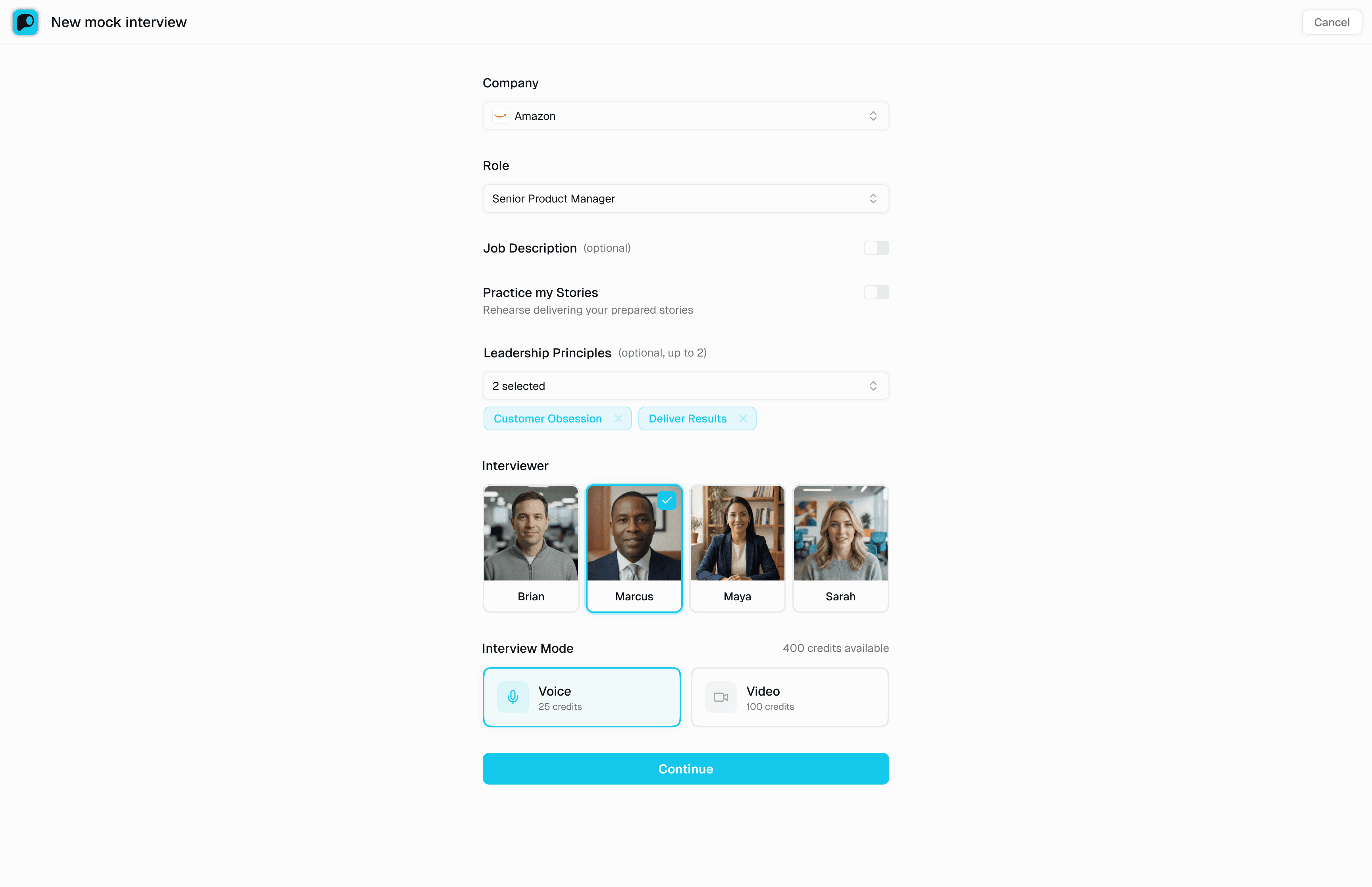 Mock interview setup screen showing company, role, and interview type selection