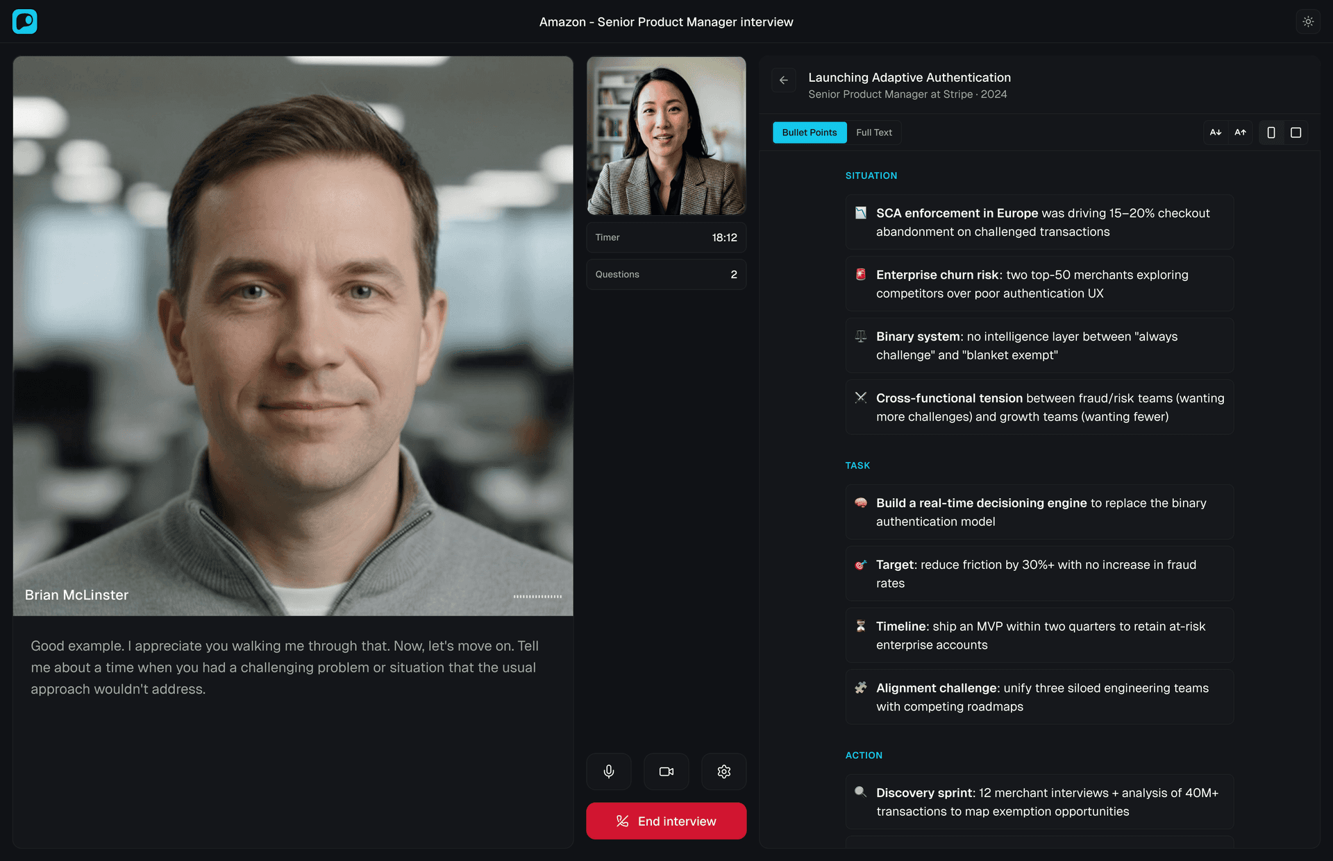 Preper AI video mock interview platform showing an adaptive behavioral interview session